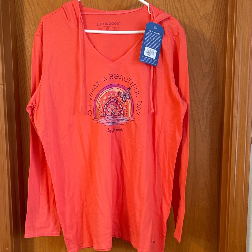 Life is Good Coral Hooded V-Neck Long Sleeve Tee - "Oh What a Beautiful Day"